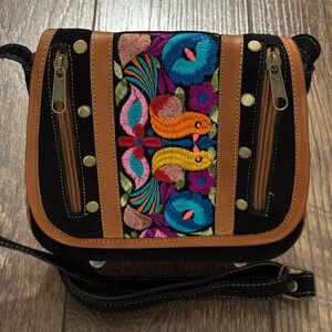 Vibrant Embroidered Black Suede and Brown Leather, Crossbody Bag